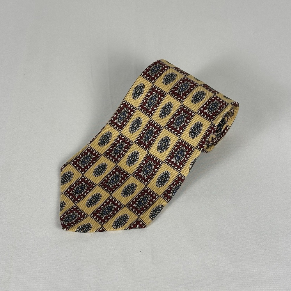 Tommy Hilfiger Silk Tie Vintage Gold Red Navy Geometric Made In USA 4" W 58" L